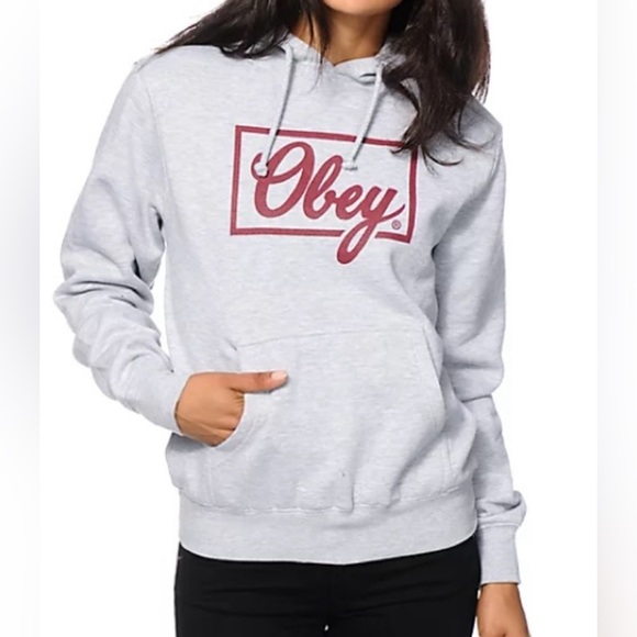 Obey hoodie gray with maroon logo/design, hood,drawstring,kangaroo pocket EUC! - Picture 1 of 6